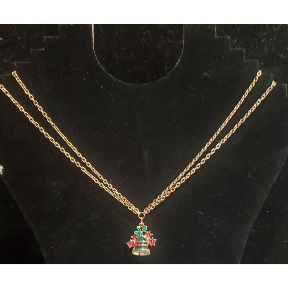 Christmas Bell Pendant Gold Tone Double Chain Necklace 22.5" Holiday Jewelry - Picture 4 of 7